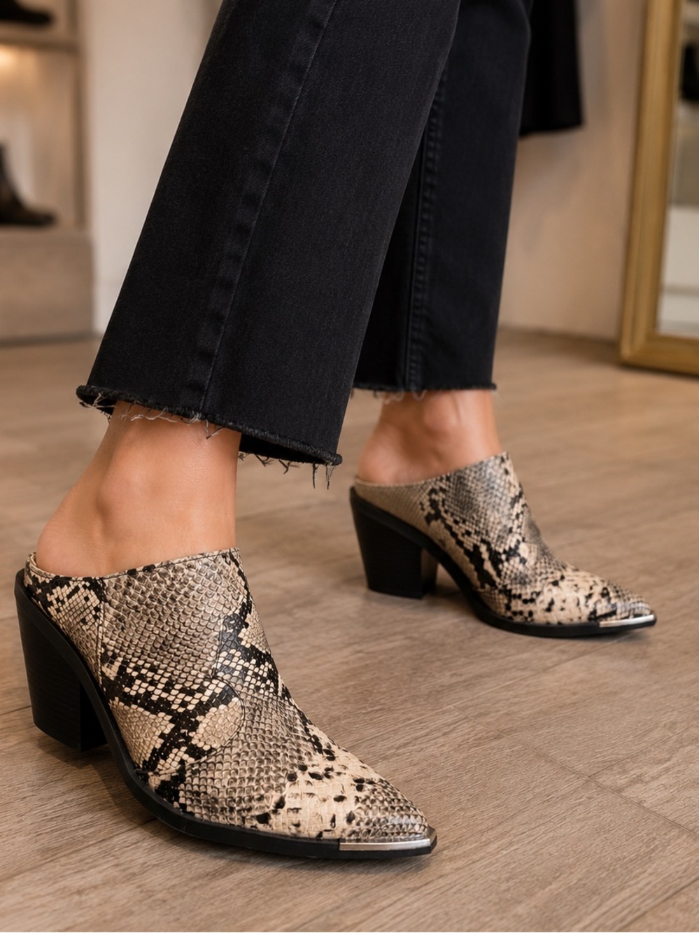 JustFab Cleo Snake-Print Pointed Toe Mules in Beige and Black